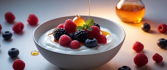 Yogurt Bowl with Fresh Berries and Honey Drizzle, a Delicious and Healthy Breakfast.