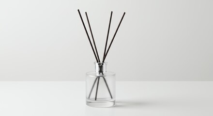 Reed diffuser with black sticks in a clear glass container on white backdrop