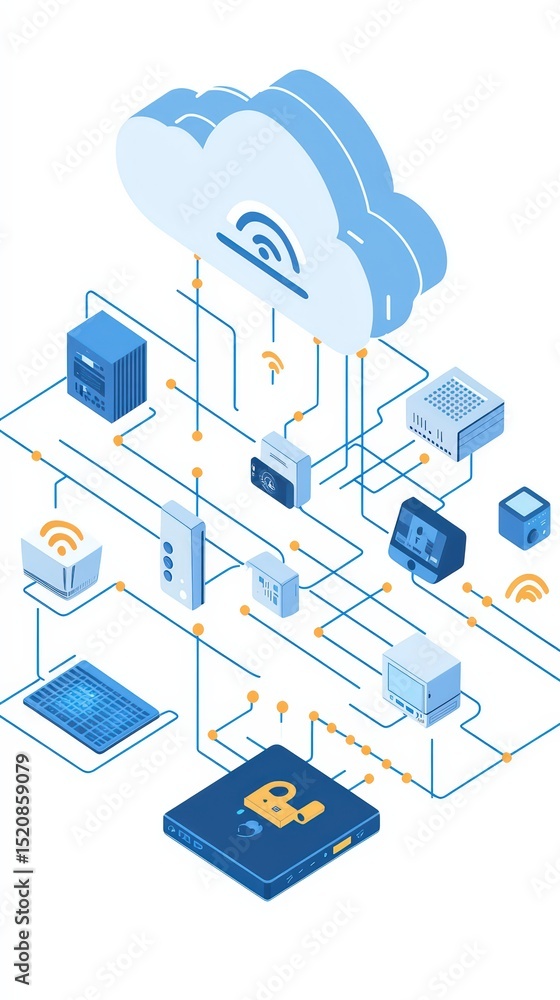 Poster isometric cloud computing network illustration representing data connection infrastructure