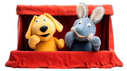 Soft puppet theater stage with two animal hand puppets, isolated on Transparent background
