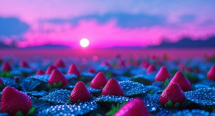 Strawberry Fields Forever. A Dreamy Harvest at Sunset, a surreal and vibrant scene.