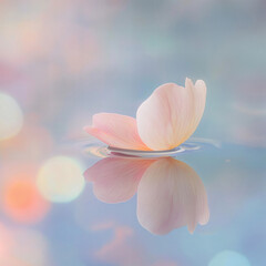 Fototapeta premium Single soft pink petal floating on calm water with dreamy pastel bokeh reflections in serene background