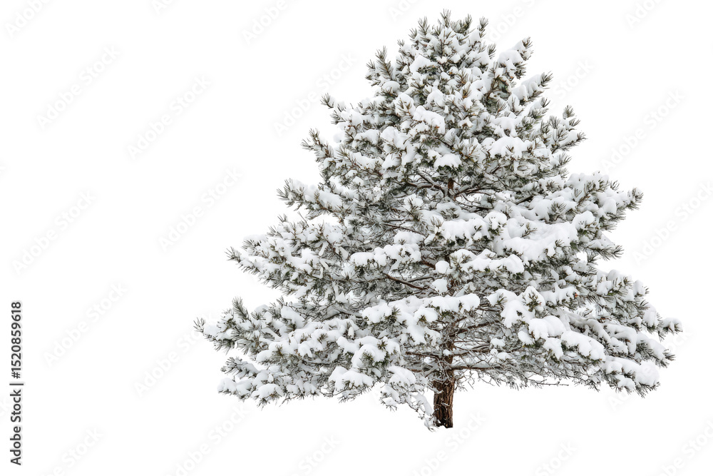 Poster snow-covered pine tree isolated on a transparent background, winter scene background removed