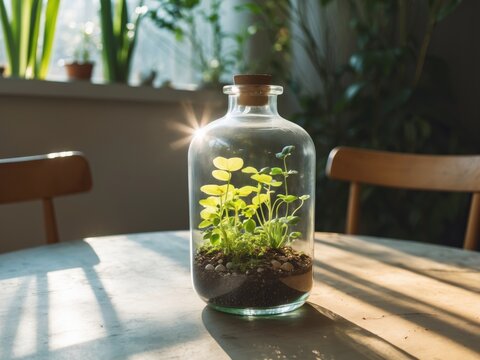 Terrarium with clover plants in a glass jar, illuminated by natural sunlight. - Powered by Adobe