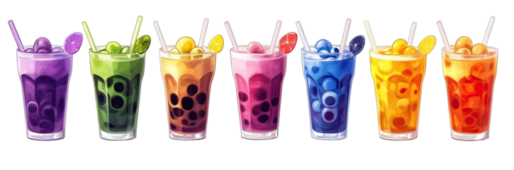 Colorful drinks in glasses with boba