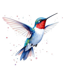 Watercolor painting of a hummingbird with wings spread on a black background with pink dots