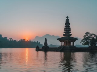 Serene Sunrise at Ulun Danu Beratan Temple. A Tranquil Scene of Balinese Beauty