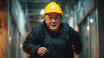 A construction worker in a yellow hard hat is running inside building