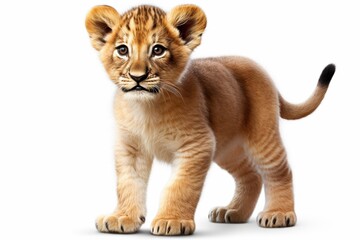 Obraz premium Young lion cub explores its surroundings in a bright, natural setting during daylight hours