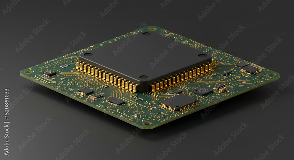 Poster electronic circuit board with a central processor chip angled on a dark background. detailed view of