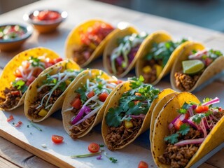 Delicious and Colorful Variety of Tacos with Ground Meat and Fresh Toppings.
