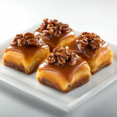 Delicious caramel pecan desserts served on a white plate for tempting sweet treat