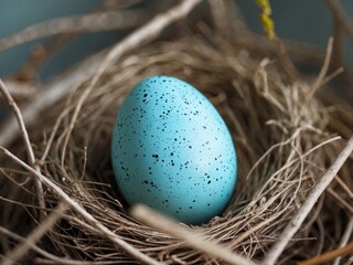 Fototapeta premium Blue Speckled Easter Egg Nestled in a Twig and Straw Nest, CloseUp Photography