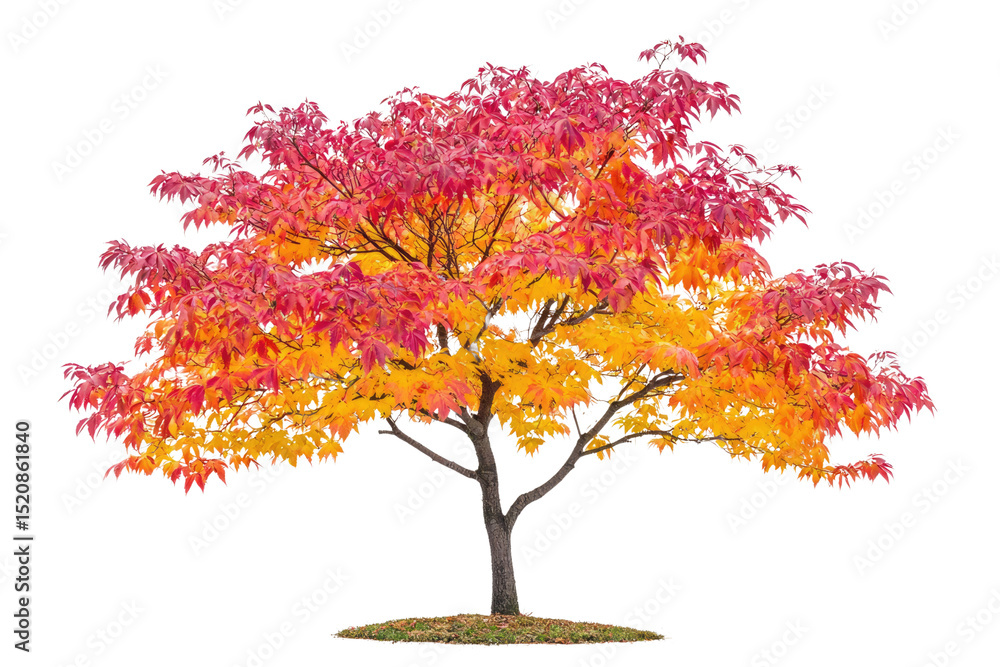Poster autumn tree with vibrant red and yellow leaves, isolated on transparent background background remove