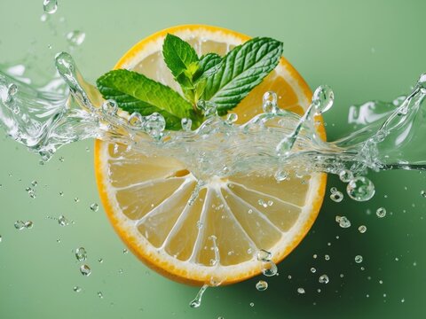 Fresh Lemon Slice with Mint and Splashing Water on a Green Background, Closeup.
