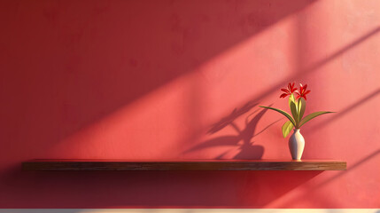 3D rendering of a red wall with a shelf and flowers on a table, a minimalist interior design background. Bright room lighting, golden shadows, and subtle gradients.