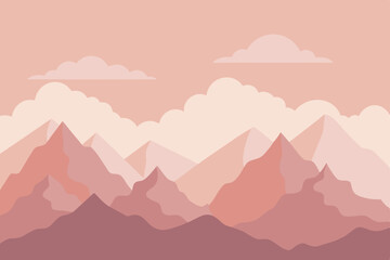 Vector illustration of a misty mountain landscape at sunrise with clouds and a vast sky