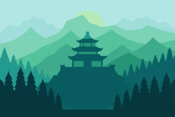 Gordijnen An ancient Asian pagoda temple building nestled in a mountainous landscape under the sky © Rasel
