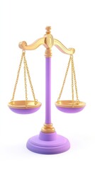 A 3D-rendered lilac and gold scale of justice, perfectly balanced, set against a stark white backdrop