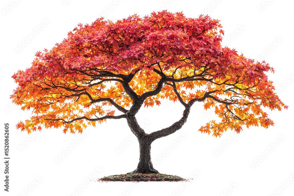 Poster a vibrant autumnal japanese maple bonsai tree with fiery red and orange leaves, isolated on a transp
