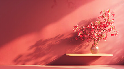 3D rendering of a red wall with a shelf and flowers on a table, a minimalist interior design background. Bright room lighting, golden shadows, and subtle gradients.