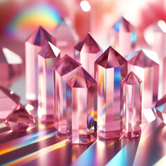 Sparkling Pink Crystals and Gemstones with Rainbow Glare on Soft Fabric