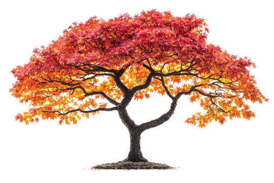 A vibrant autumnal Japanese Maple bonsai tree with fiery red and orange leaves, isolated on a transparent background background removed