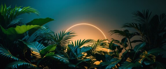 Tropical Paradise with Golden Aura. Lush Greenery and Mysterious Glowing Circle