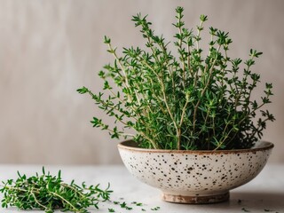 Fototapeta premium Fresh Thyme Herb in a Ceramic Bowl, Culinary and Medicinal Uses for Healthy Lifestyle.