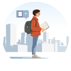 Digital Nomad Exploring New City with Backpack and Laptop