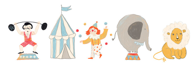 Circus border illustration. Strongman, tent, clown, elephant, lion. Place for text.