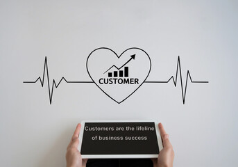 Customer Pulse: The Heartbeat of Business Success - A tablet displays “Customers are the lifeline of business success” below a heartbeat line forming a heart.
