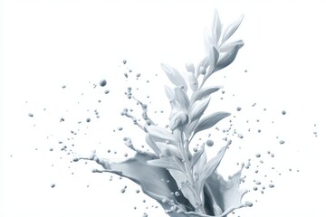 Artistic white fluid splash in plant shape isolated on white background, abstract natural design perfect for modern wall prints, minimal backdrops or mockups