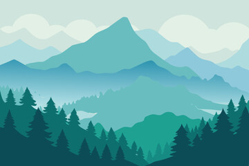 Fototapeta premium A serene mountain landscape with a misty forest and a blue sky at sunrise