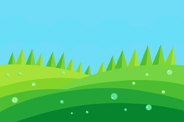 Obraz premium Green grass and blue sky nature landscape with sun and tree leaf illustration for summer field pattern design