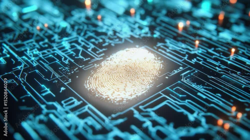Poster digital fingerprint scan: an illuminated digital fingerprint integrated into a sophisticated circuit
