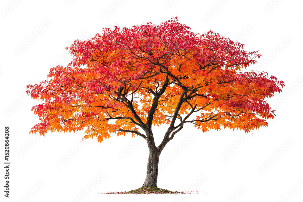 Poster a vibrant autumn tree with fiery red and orange leaves, isolated on a transparent background backgro