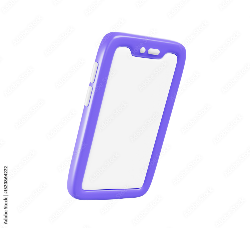 Poster 3d smartphone icon with empty white screen render. cartoon mock up of purple mobile phone with blank