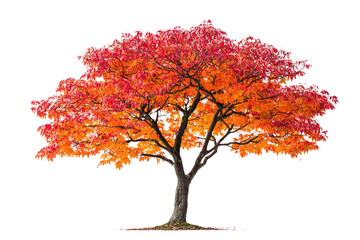 A vibrant autumn tree with fiery red and orange leaves, isolated on a transparent background background removed