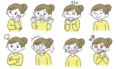 色々な表情の女性のシンプルな手描きのイラストセット