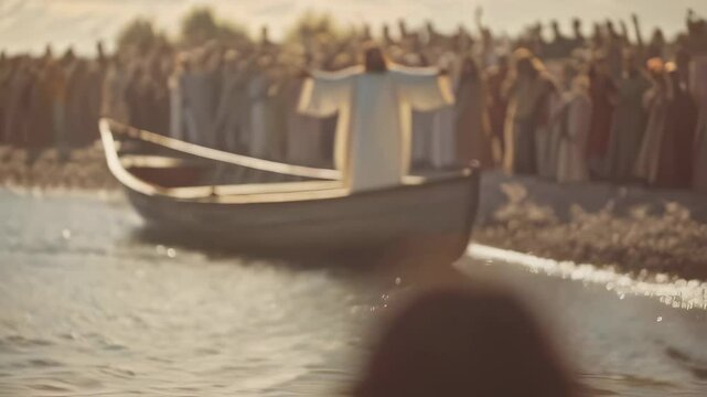 A man standing by a boat on the shore, addressing a large crowd on the beach during biblical times, religious concept.