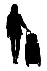 Silhouette of a girl exploring the world. Traveling with a suitcase. Vector illustration.
