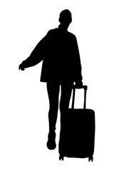 Silhouette of a girl exploring the world. Traveling with a suitcase. Vector illustration.