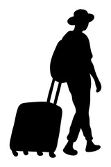 Silhouette of a man exploring the world. Traveling with a suitcase. Vector illustration.