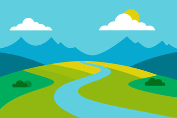 Fototapeta premium Lush green mountain landscape with a clear blue sky and fluffy white clouds, hinting at a serene summer day