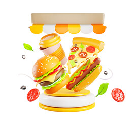 Fast food restaurant poster with podium, flying burger, hotdog, pizza, drink icons and striped canopy roof on orange 3d background. Fastfood render flyer, cartoon ad banner template
