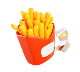 3d golden french fries in red paper box, ketchup and cheese sauce in plastic packaging flying on white background. Fast food snack, fry potato, crispy chips, unhealthy fatty eating