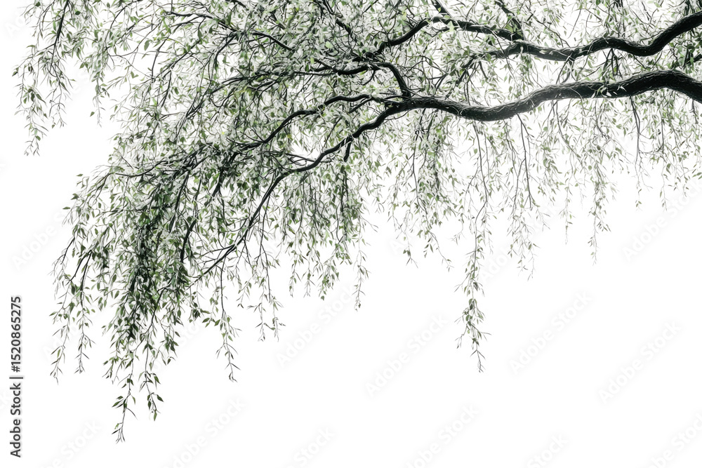 Poster overhanging tree branch with delicate, silvery leaves against a muted green backdrop background remo