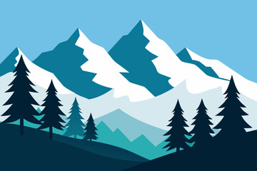 Fototapeta premium Seamless vector illustration of a winter forest mountain landscape with snow-covered fir trees under a cold sky, perfect for holiday and Christmas designs