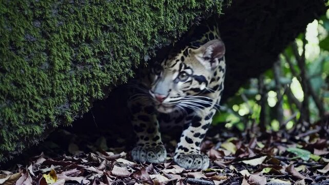 A jaguar peeks from under a mossy log in a forest. Low-angle shot captures its intense gaze, creating a dramatic wildlife video scene.